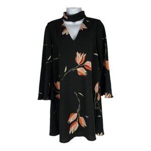 Zara Basic Black Floral Long Sleeve Dress With V-Neck & Mock Neck